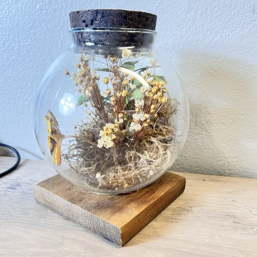 Vtg Leonard‎ Creations Glass Terrarium Dome Dried Flowers Wood Base California
